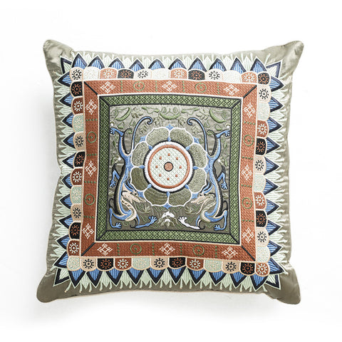 Twin Dragons Lotus Caisson Embroidery Pillow
